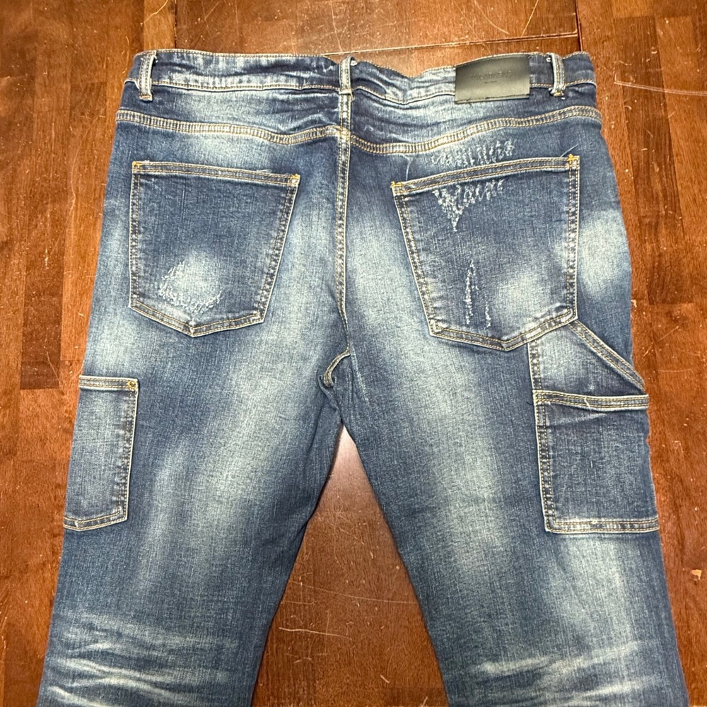 Valabasas Carpenter Jeans Mens Fits 40 Distressed Whiskered Button Utility Denim - Picture 6 of 14